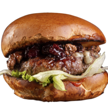 Бургер з яловичиною, горгонзолою, горіхами та вишневим джемом